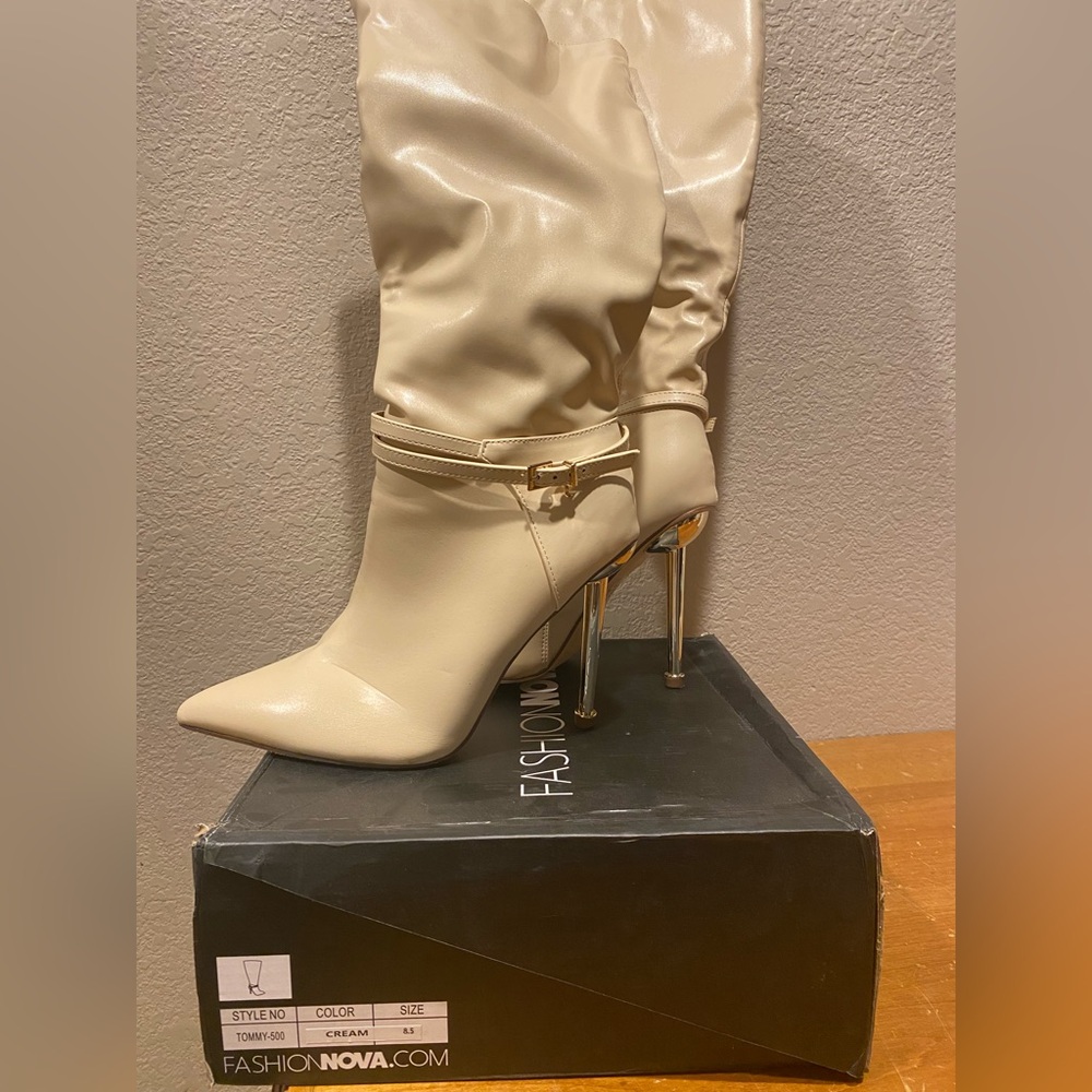 Fashion Nova Beige Heeled Boots with Gold Accents
